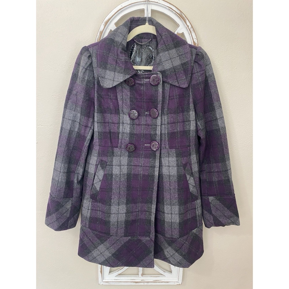 Vintage Guess Peacoat Medium Purple Gray Plaid Wool Double Breasted Preppy